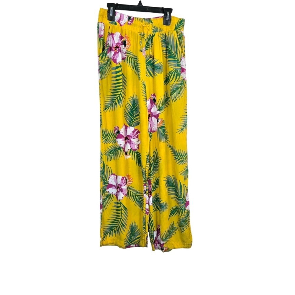 Indero Womens Yellow Tropical Hibiscus High‎ Waist Wide Leg Hawaiian Pants Large